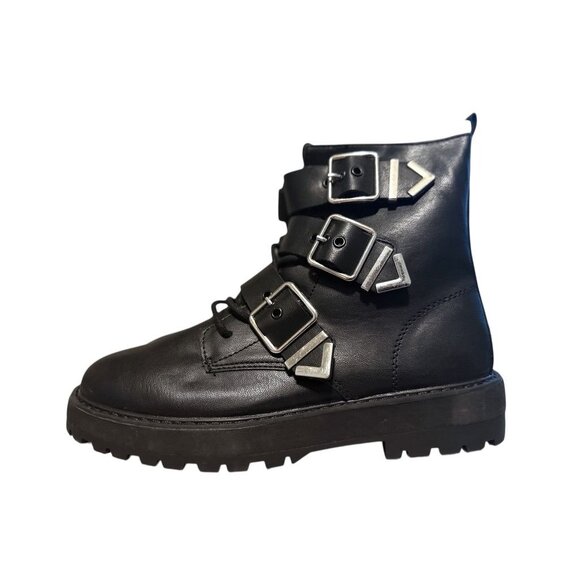 Zara Black Leather Combat Boots With Triple Buckles & Side Zipper EU 37 NWOB - Picture 2 of 8